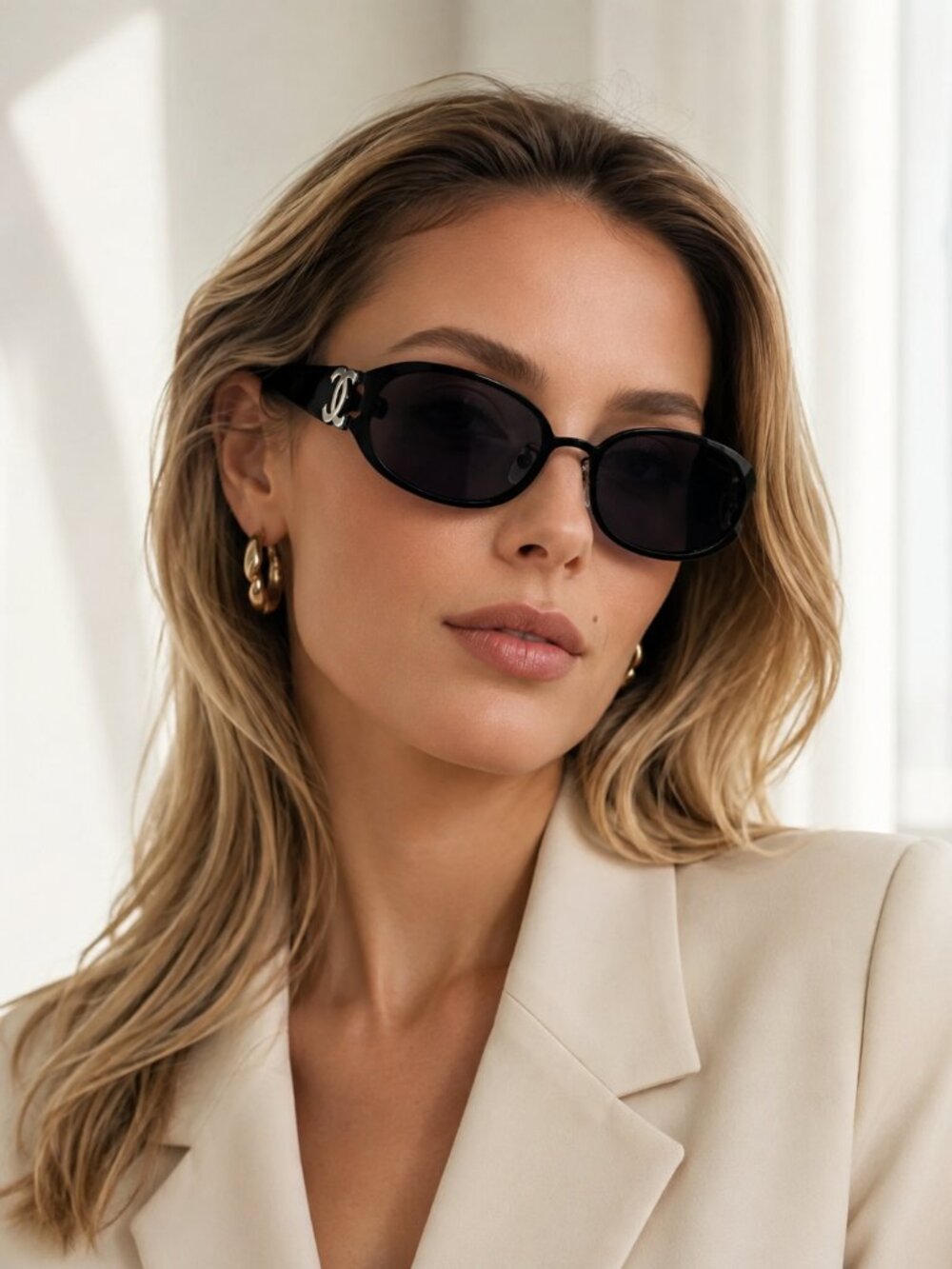 NWT NIB CHANEL CC Logo Oval Sunglasses Black Gold Silver Authentic